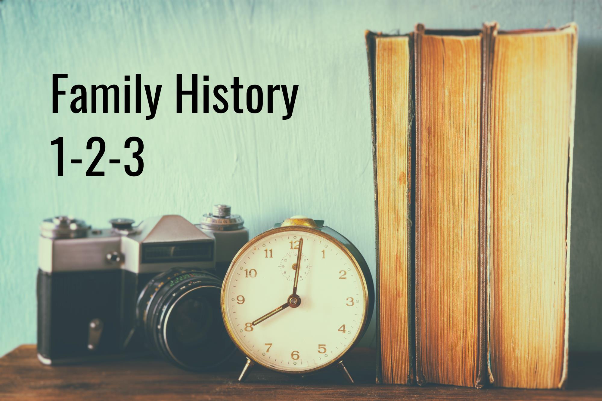 A camera. clock, and three books on a shelf. Text reads, Family History 1-2-3