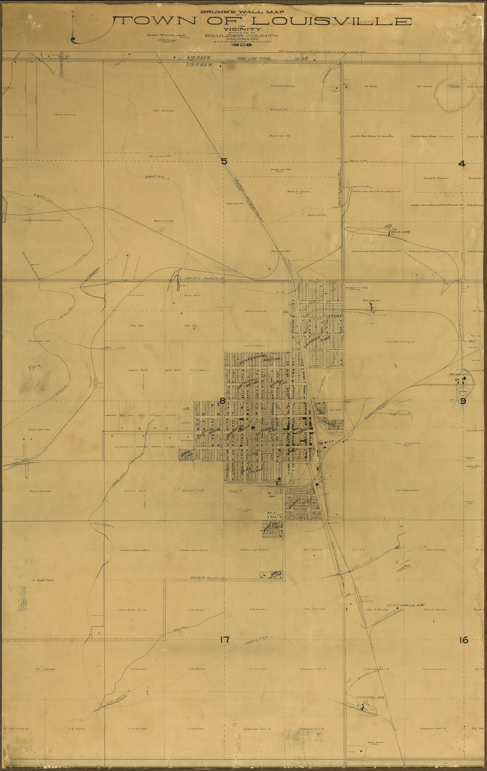 Photo of antique map: Reads Drumm's Wall Map of the Town of Louisville and Vicinity situated in Boulder County Colorado scale 300 feet to an inch 1909"