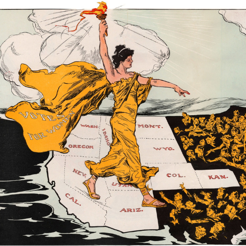 woman with torch and words "Votes for Women" walks across USA while many women reach toward her