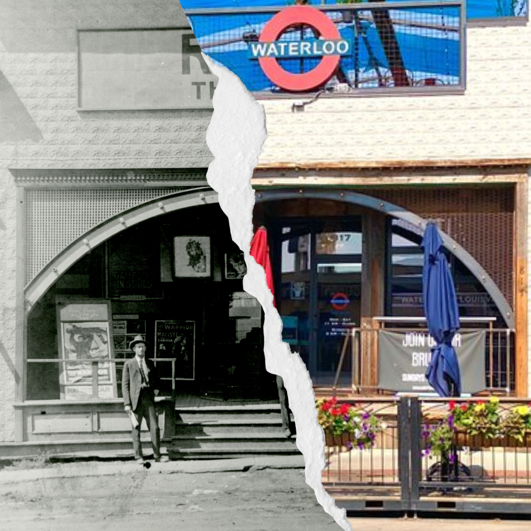 Photo of Rex Theatre and Waterloo Restaurant side by side like a photograph split down the center