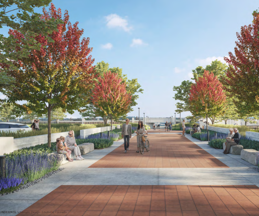 rendered image of future south street underpass with red brick walkway and trees
