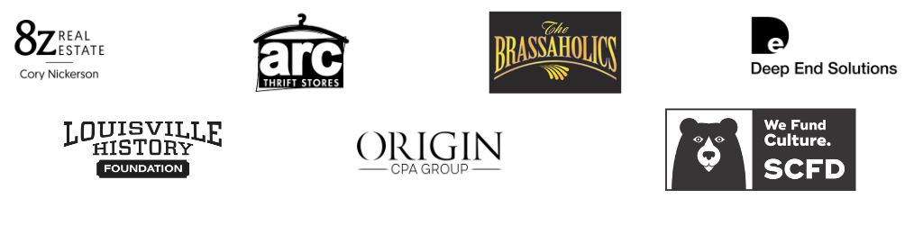 Logos of business sponsors. They include 8z real estate, arc thrift stores, the brassaholics band, deep end solutions, louisville history foundation, origin cpa group, and the SCFD