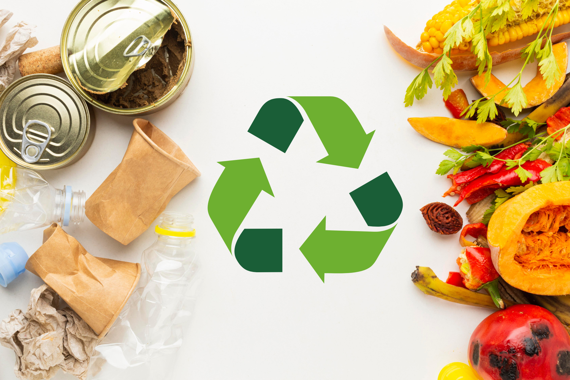 An assortment of trash and food scraps with a circularity symbol in the center