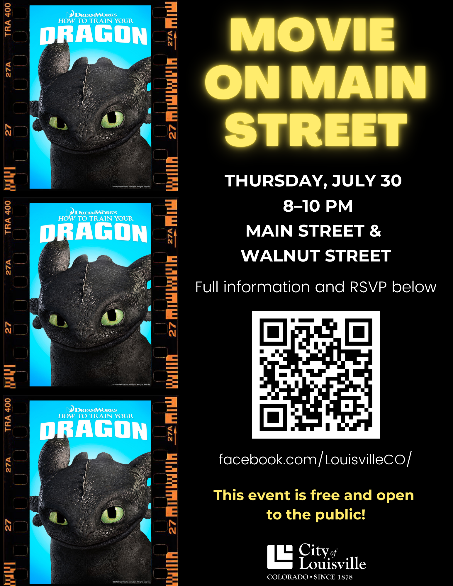 A flyer for Movie on Main Street, Thursday, July 30, 8 - 10 pm, Main Street & Walnut Street. On the left side is the How to Train Your Dragon movie poster.